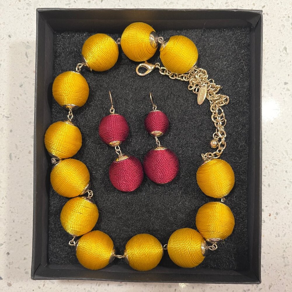 Natasha Couture Signed Statement Necklace Earring Set Silk Thread Ball